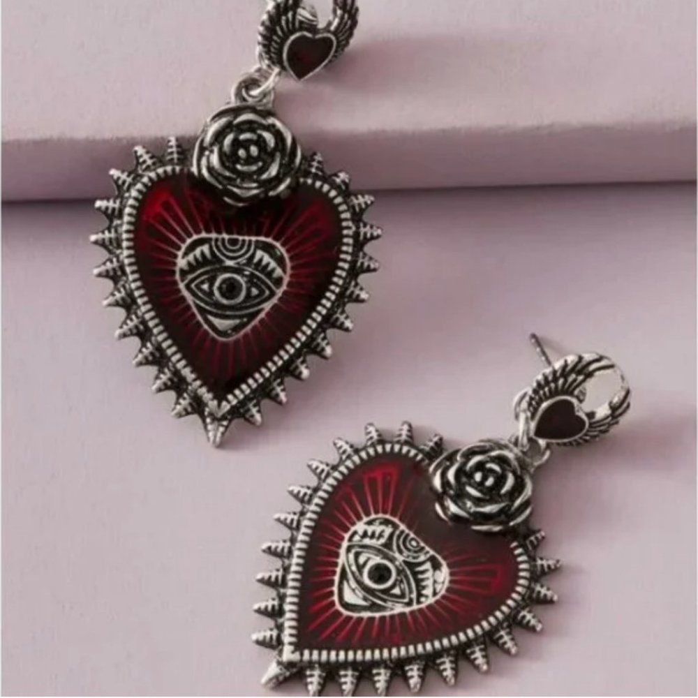 🔮 2 for $40 🔮 Mystic Gothic Rose Sacred Heart Eye Dangle Earrings